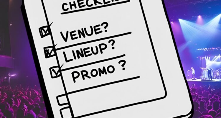 A clipboard or digital checklist graphic overlaid on a concert venue, crowd, or stage scene—highlighting items like "Venue? ✅ Lineup? ✅ Promo? ✅".
